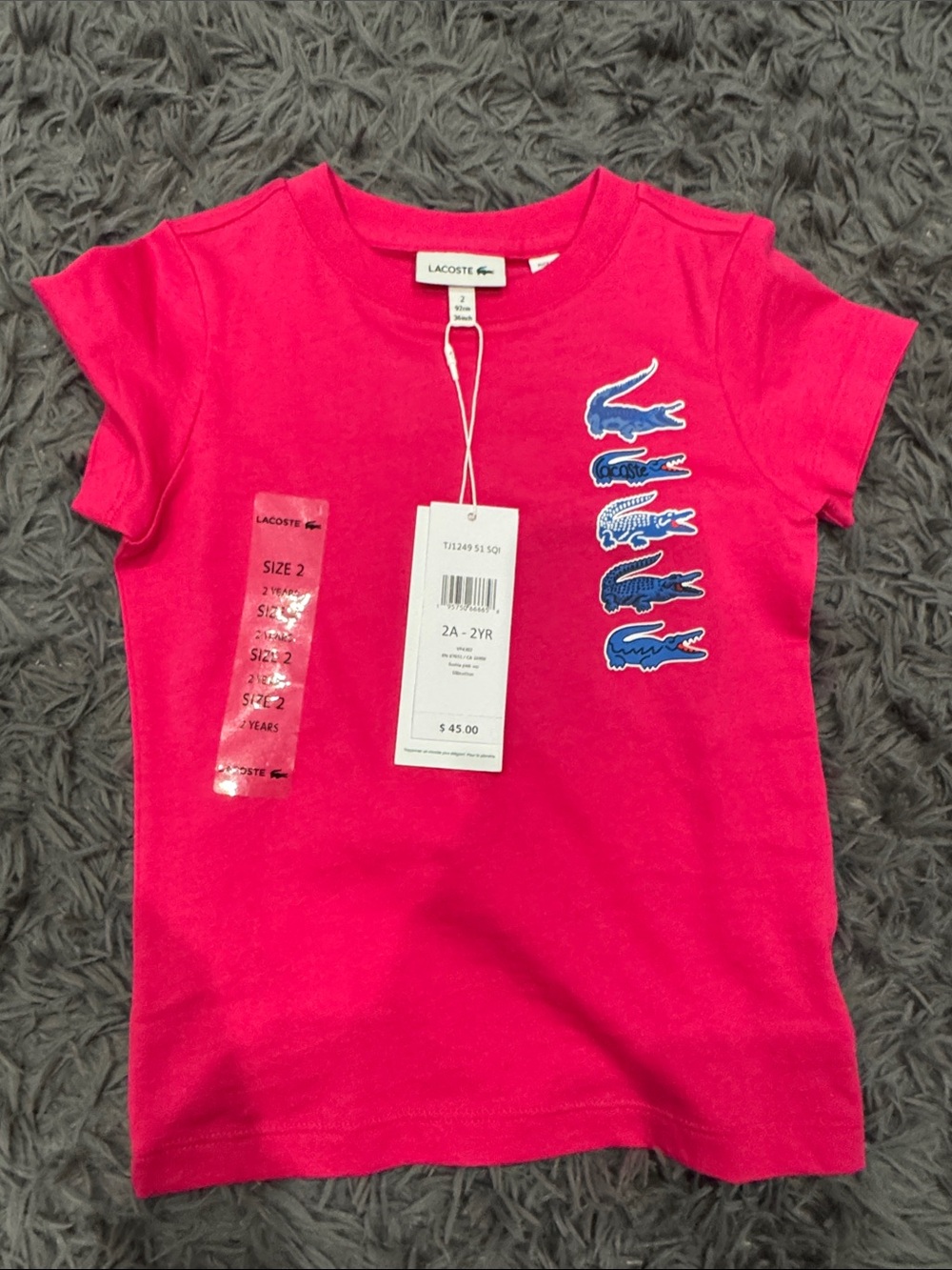 Lacoste Kids Hot Pink Tee with Stacked Blue Crocodile Logos